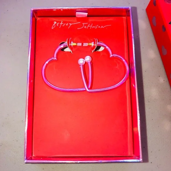Authentic Betsey Johnson Earrings - Hot Pink Hoop Hearts With Pearl, NIB - Picture 2 of 12